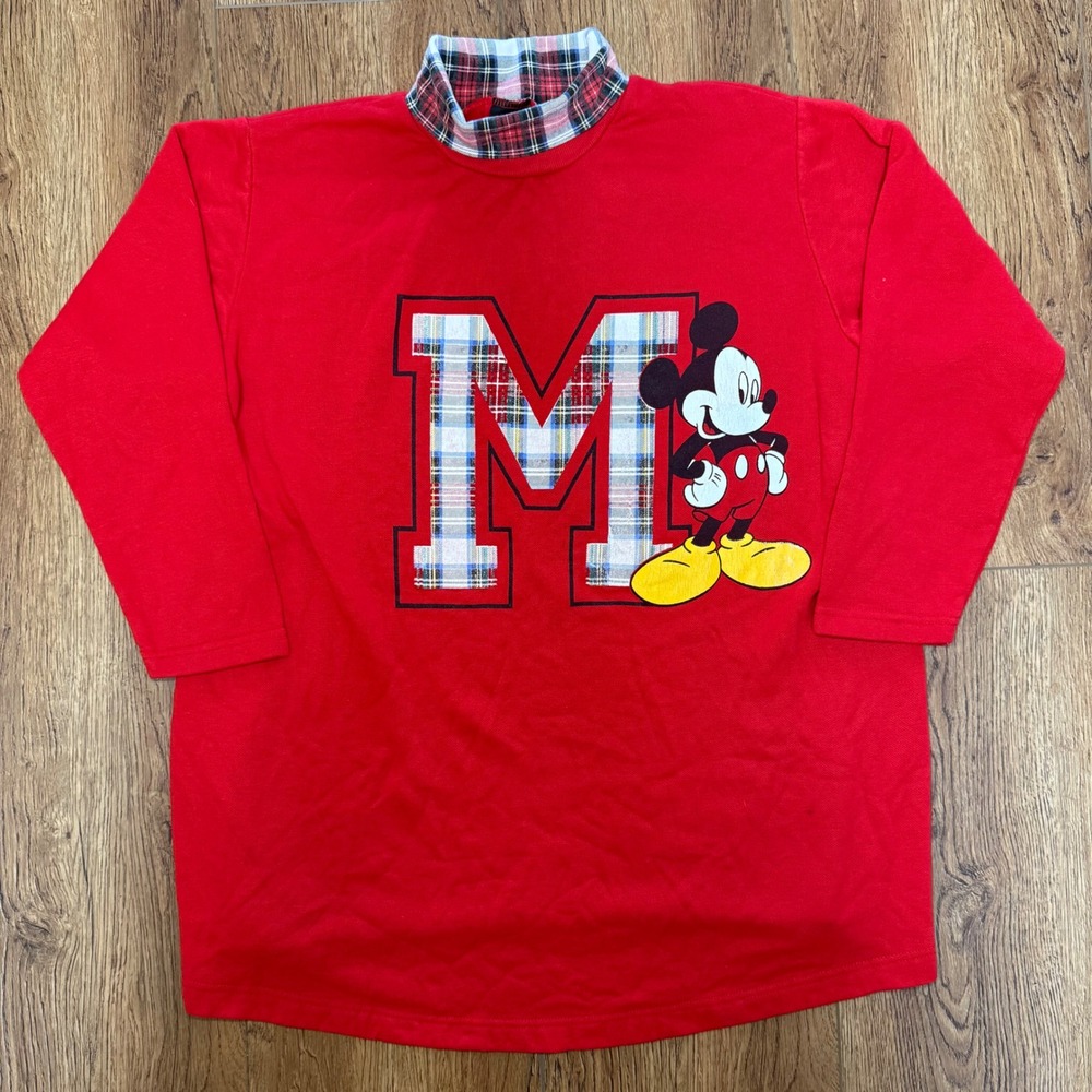 VTG 90s USA Made Mickey Unlimited Red Plaid Collar Sweatshirt Womens M‎ Disney